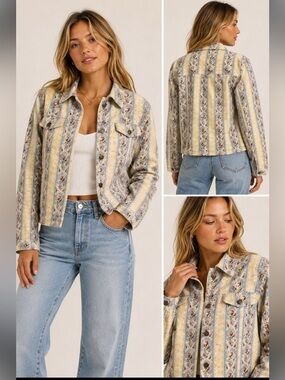 Vintage Denim & Co Floral Stripe Button Front Jacket Size Small Cottagecore